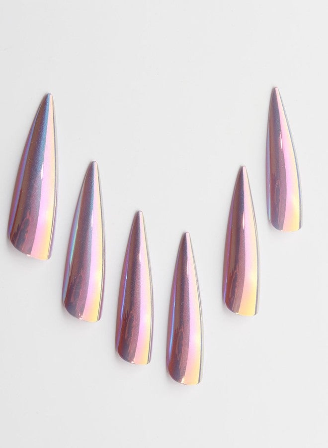 SINHOT Stiletto Press on Nails - Long Fake Nails, Glossy Finish, Blue Cat Eye & Chrome, DIY Artificial False Nail Art - 24 Pcs Nail Kit with Glue - Image 3